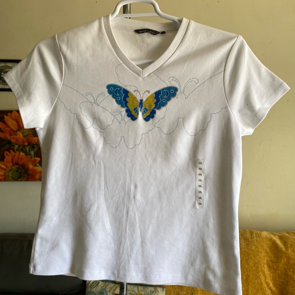 Fairy Butterfly White Vneck Baby Tee NWOT